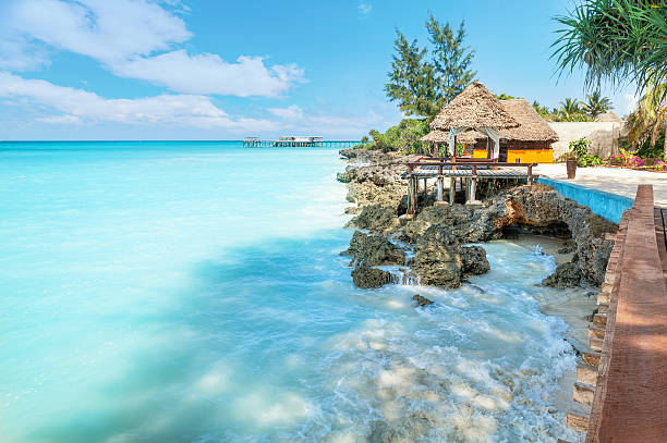 Beautiful tropical resort with overwater bungalows in crystal clear turquoise waters